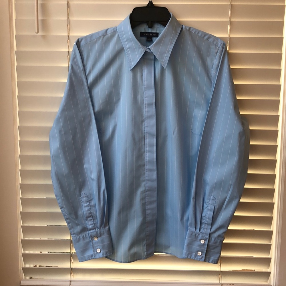 Lands End blue blouse with skinny white stripes